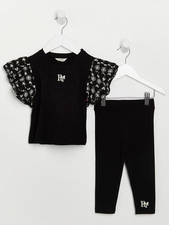 front image of river-island-mini-girls-broderie-t-shirt-outfit-black