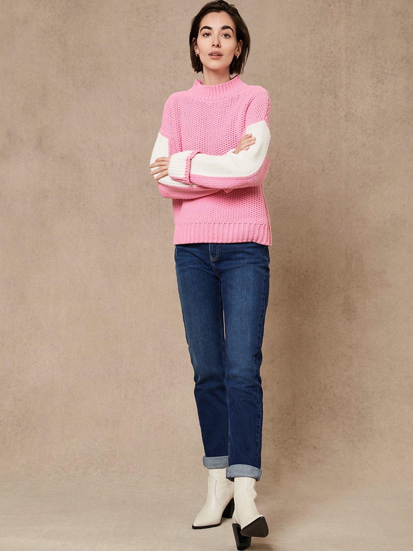  Blocked Sleeve Chunky Cotton Jumper - Pink