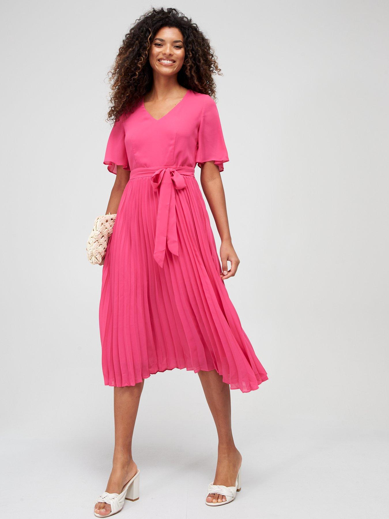 Pleated pink 2024 midi dress