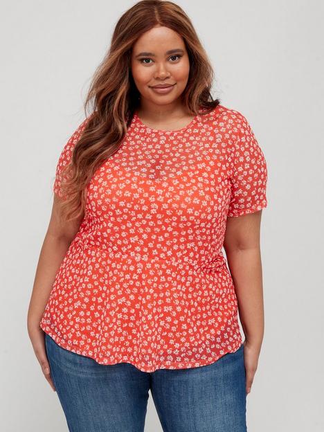 v-by-very-curve-short-sleeve-floral-easy-mesh-peplum-top-red