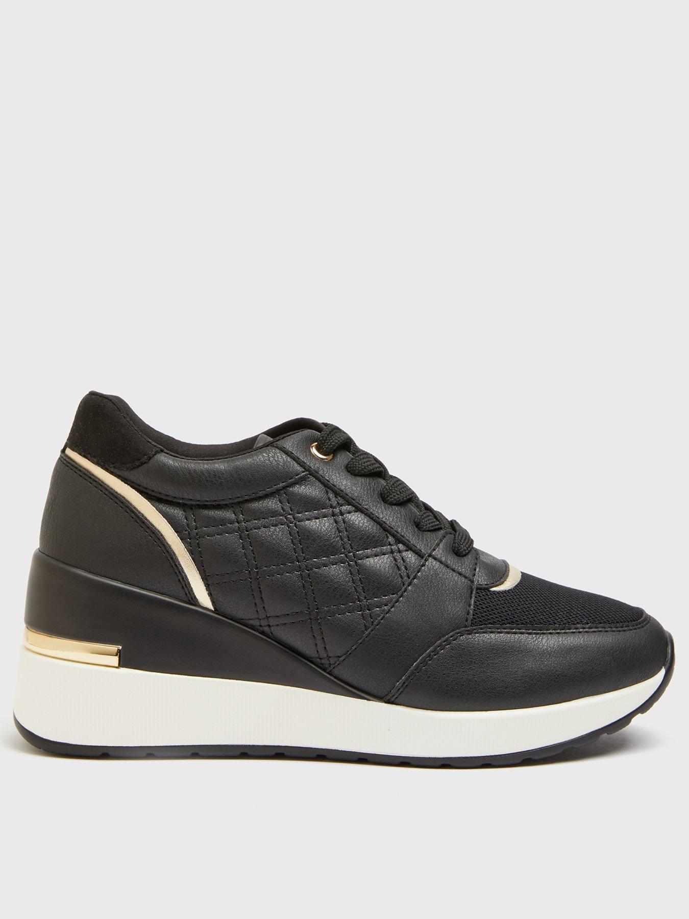  Black Quilted Metal Trim Wedge Trainers