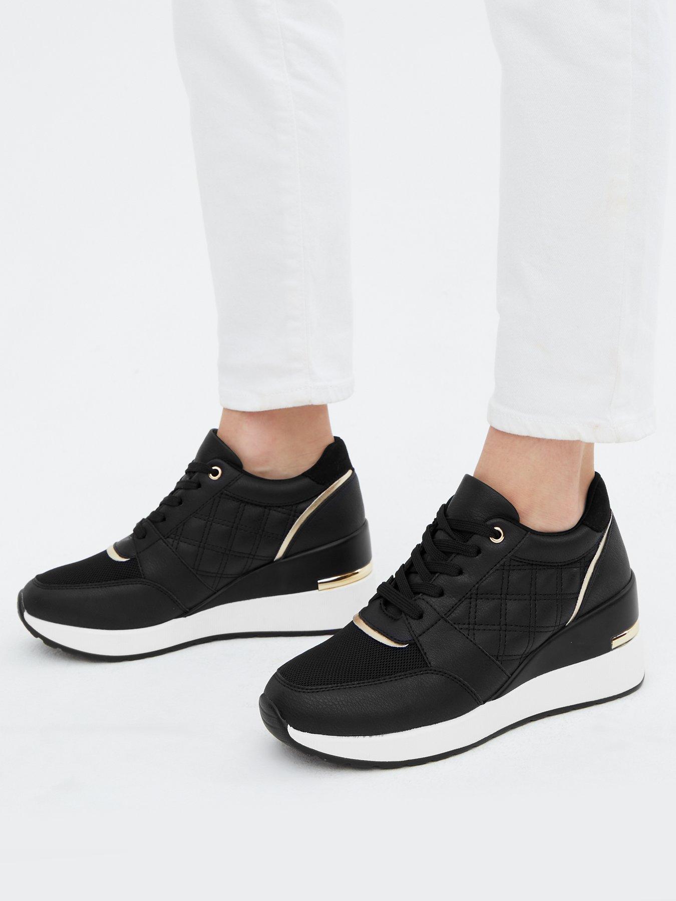  Black Quilted Metal Trim Wedge Trainers