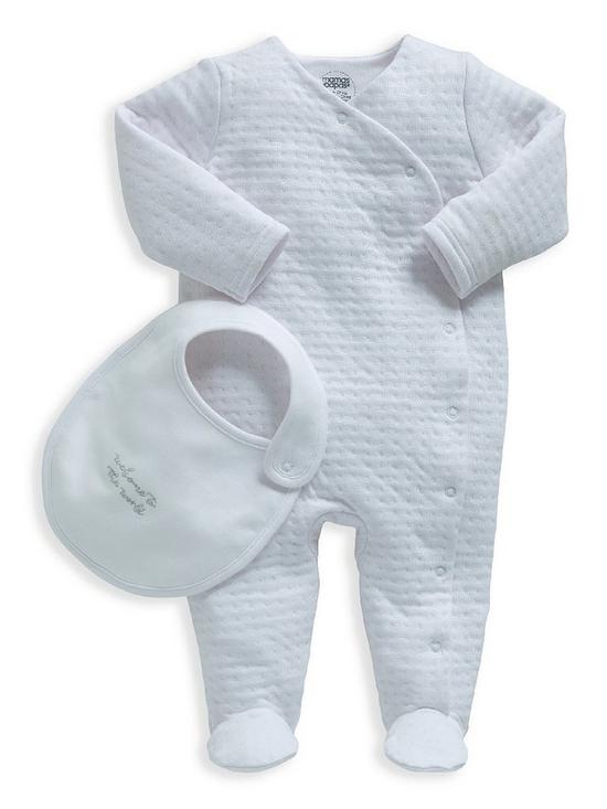 front image of mamas-papas-unisex-baby-textured-sleepsuit-with-bib-white