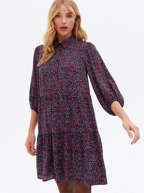 new-look-black-ditsy-floral-collared-mini-smock-shirt-dress