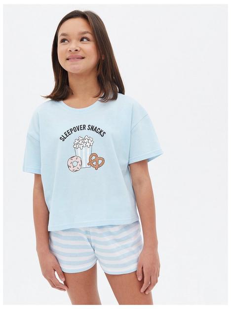 new-look-915-girls-2-pack-blue-and-grey-short-pyjama-sets-with-snack-print