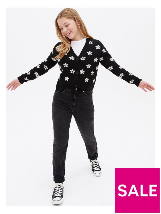 front image of new-look-915-girls-black-floral-knit-button-cardigan
