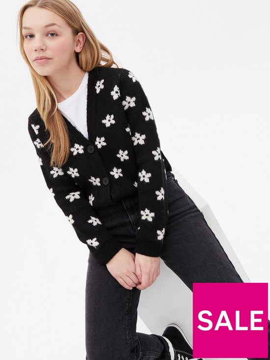 stillFront image of new-look-915-girls-black-floral-knit-button-cardigan