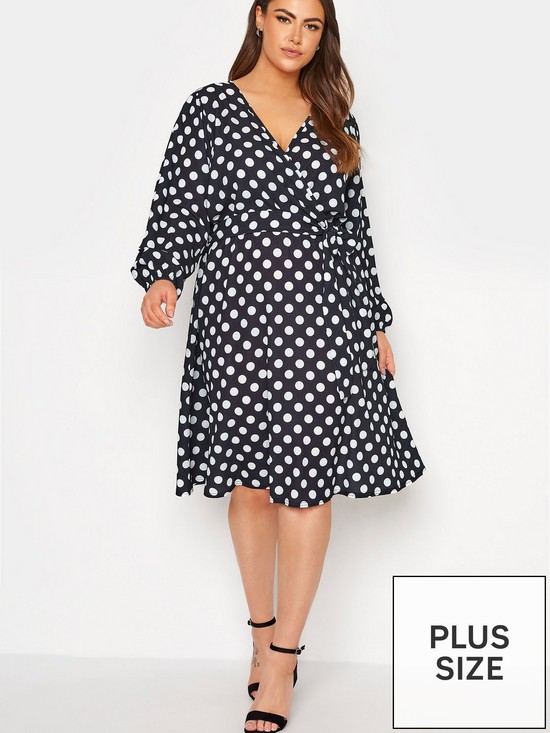 front image of yours-clothing-london-polkadot-wrap-dres