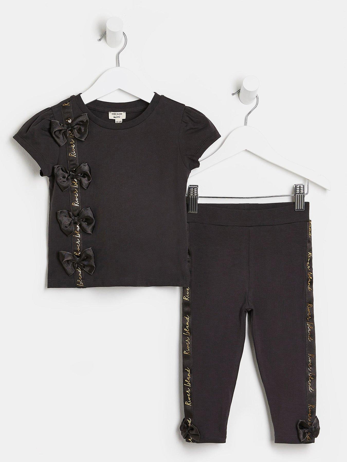  Girls Bow Tape T-shirt & Leggings Set - Black