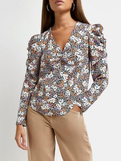 river-island-floral-puff-sleeve-ruched-top-black