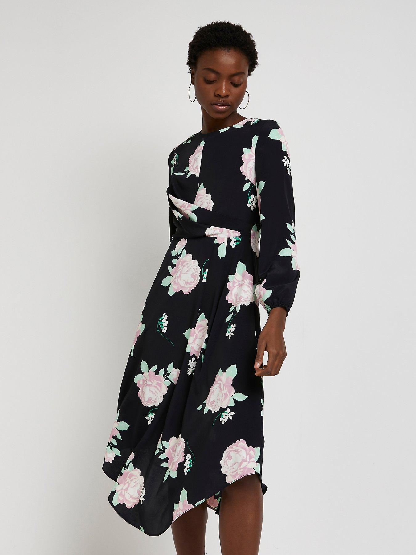  Floral Midi Wrap Tea Dress - Black