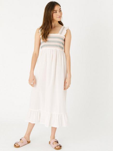 accessorize-smocked-midi-dress-with-ruffle-shoulder