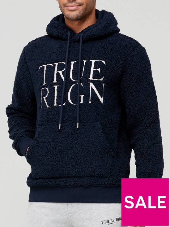 front image of true-religion-sherpa-logo-overhead-hoodie-navy