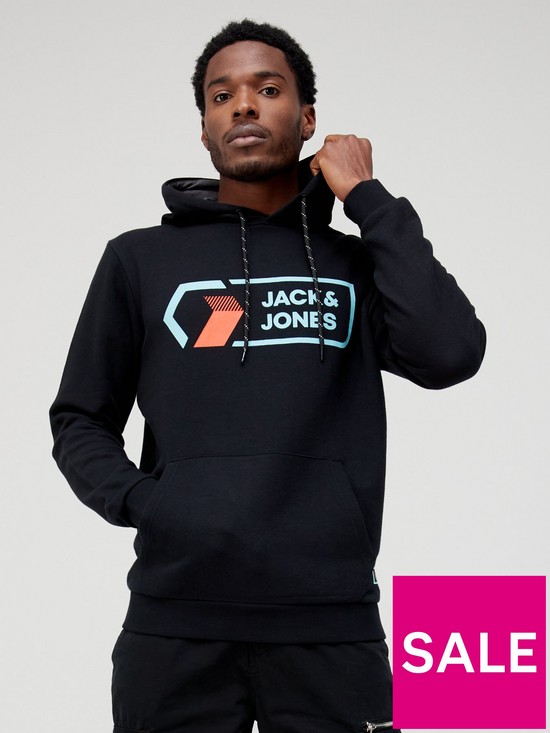 front image of jack-jones-logan-large-logo-overhead-hoodie-black