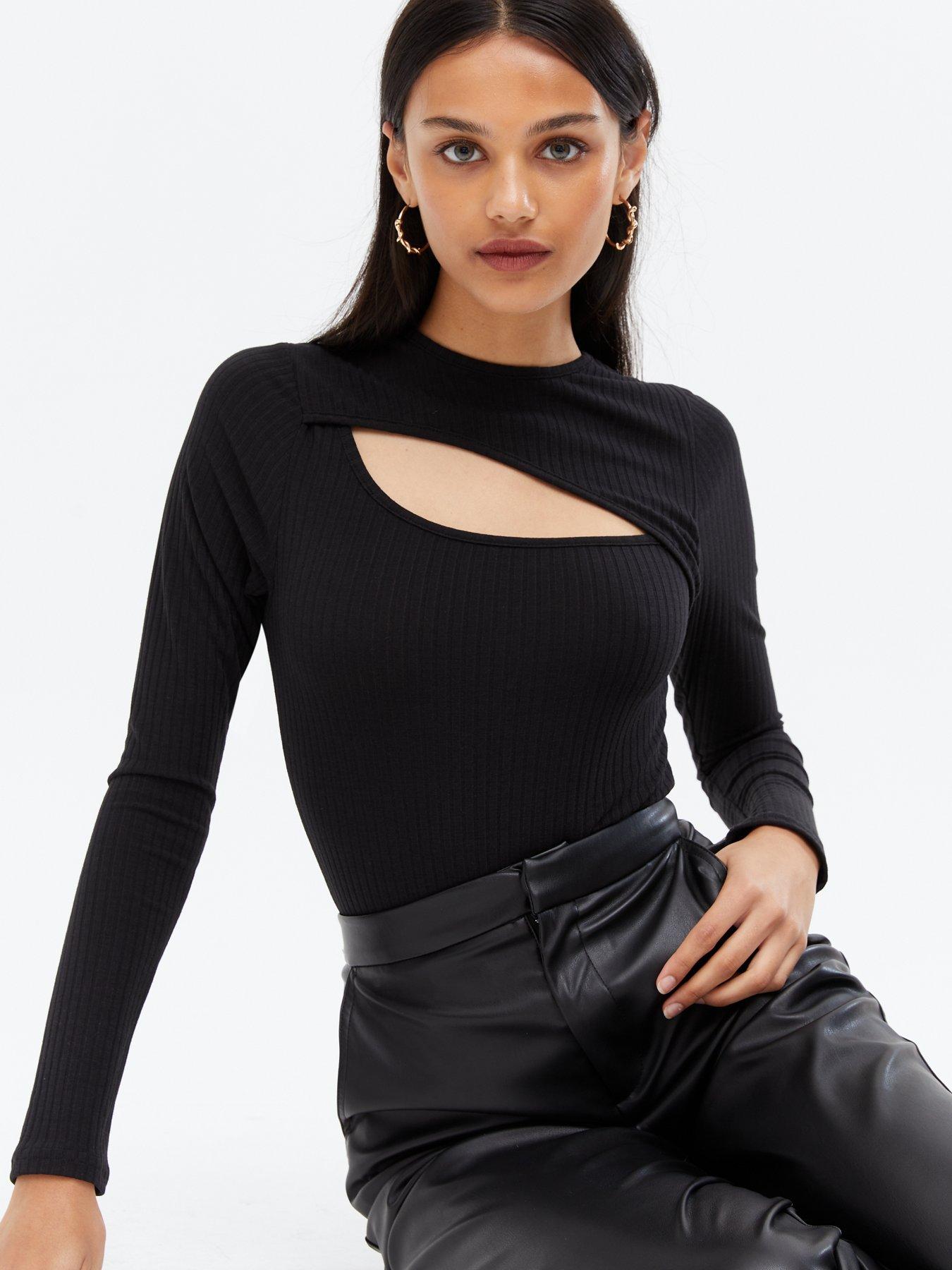 New Look Ribbed Cut Out Long Sleeve Top - Black | very.co.uk