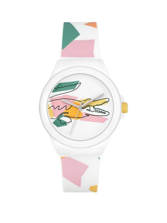 front image of lacoste-neocroc-unisex-watch-whitepinkyellow