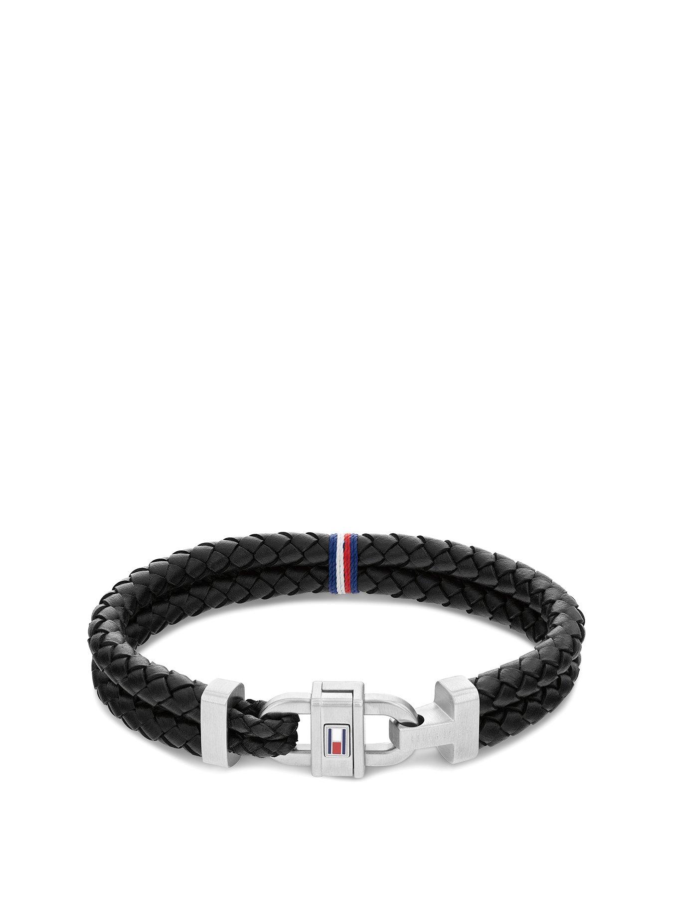 Product photograph of Tommy Hilfiger Carabiner Men S Leather Bracelet Black from very.co.uk
