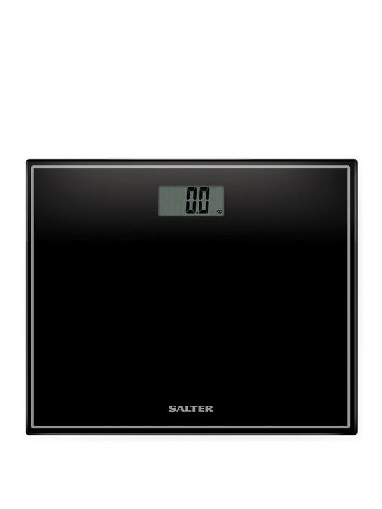 front image of salter-black-compact-glass-electronic-bathroom-scale