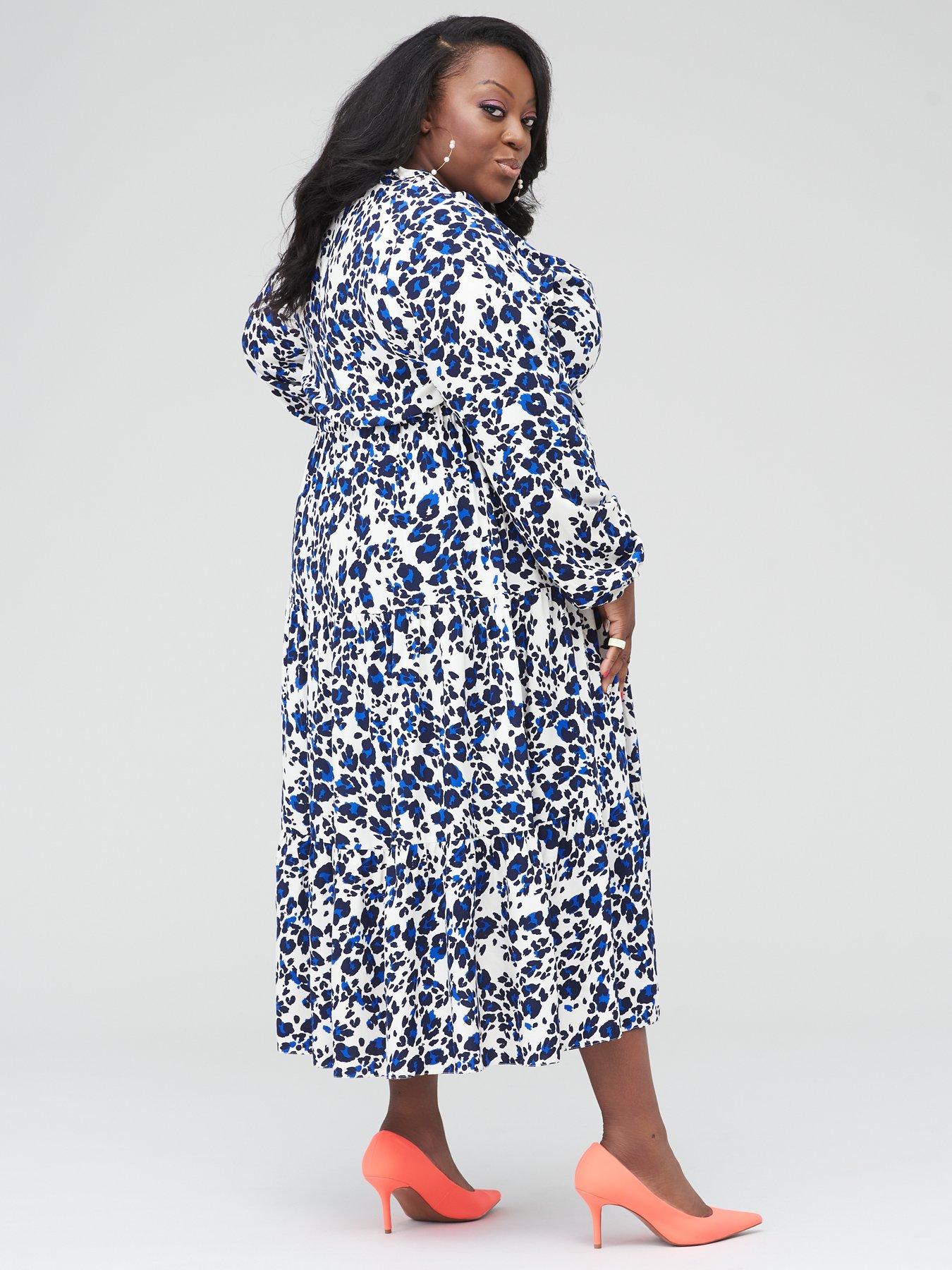 Judi Love Button Through Tiered Midi Dress - Blue Print | very.co.uk