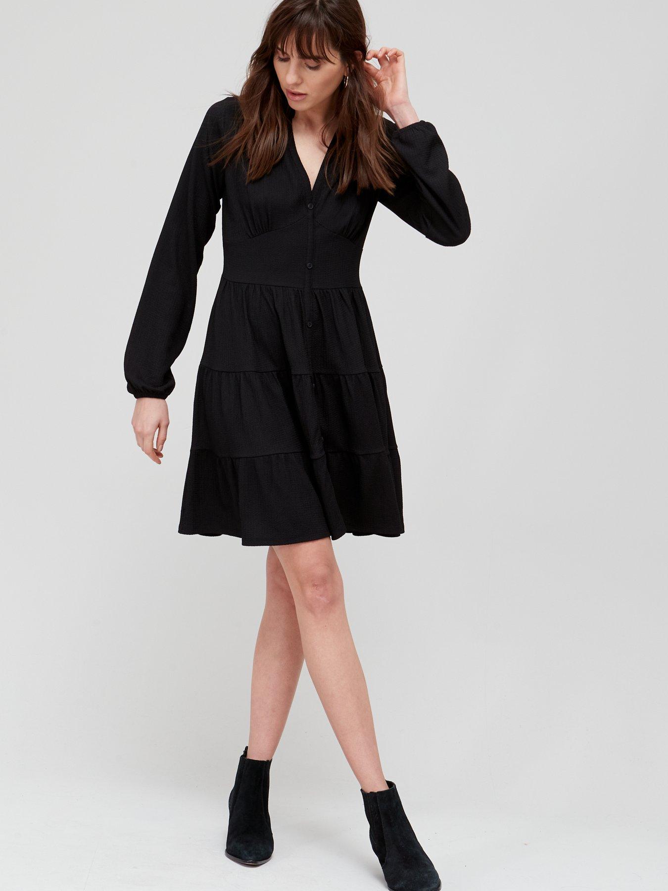 Dresses Collar Detail Tiered Mini Dress - Black