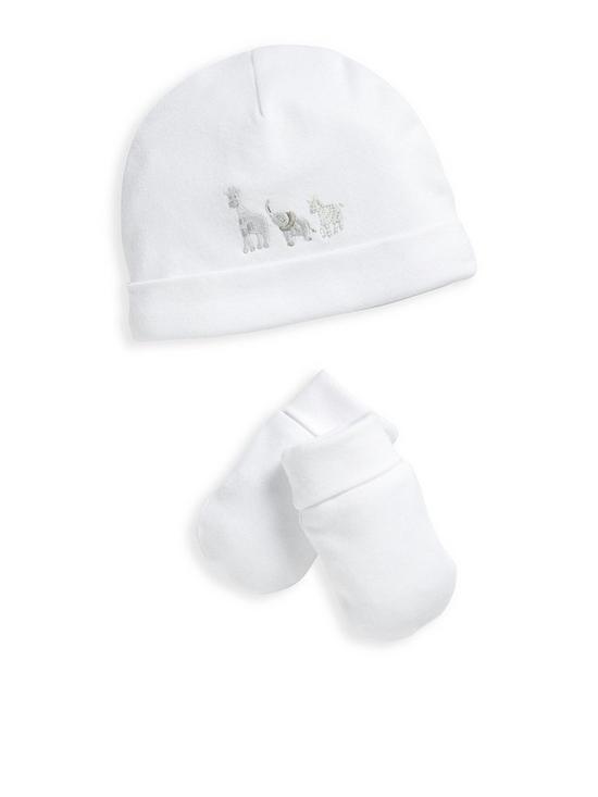 Mamas & Papas Unisex Baby Embroidered Hat & Mitts - White | very.co.uk