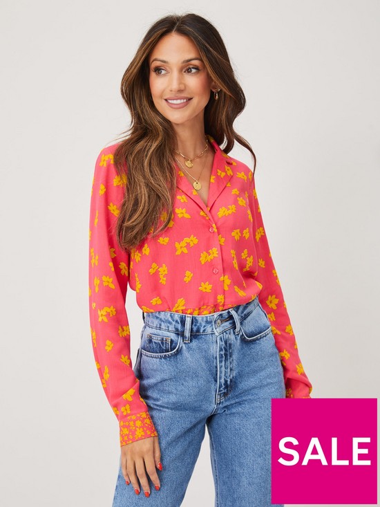 front image of michelle-keegan-button-through-shirt-orange-floral-mix-print