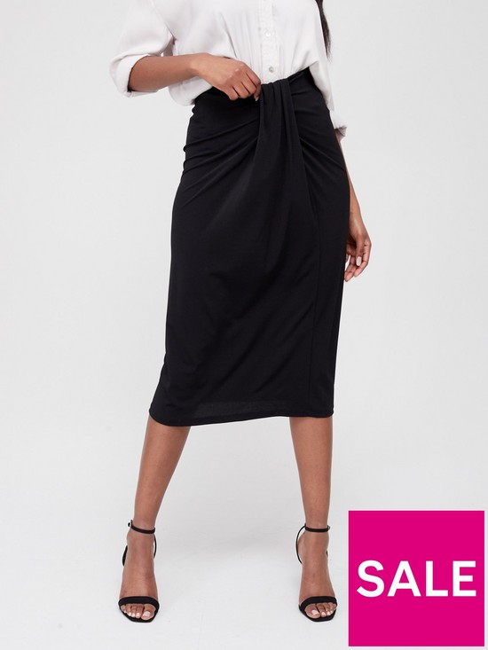 front image of v-by-very-knot-detail-midi-skirt-black