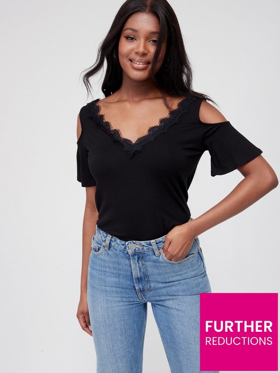 front image of v-by-very-lace-trim-angel-sleeve-cold-shoulder-top-blacknbsp