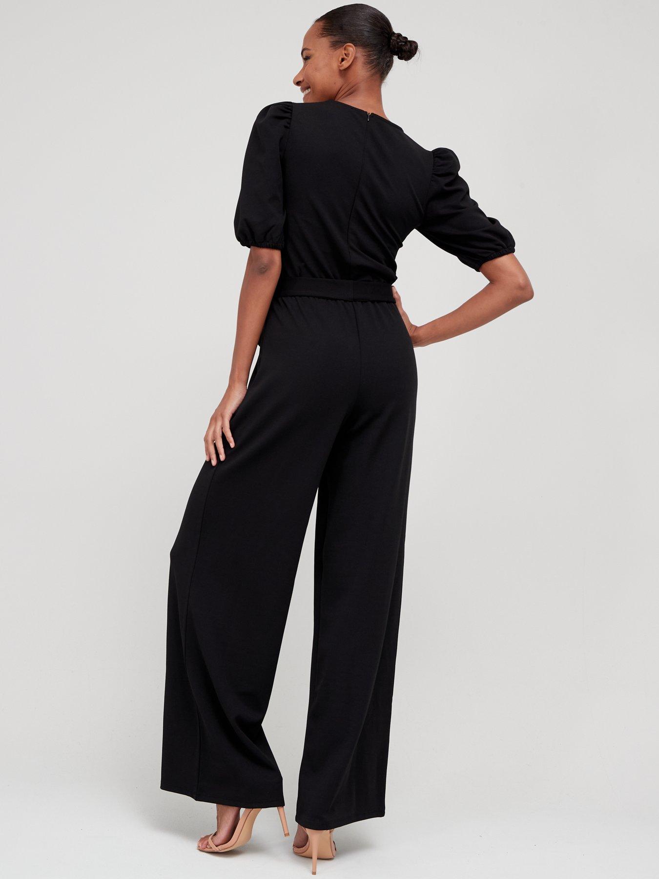 Tara Angel Sleeve Shine Plisse Cropped Leg Jumpsuit - Black