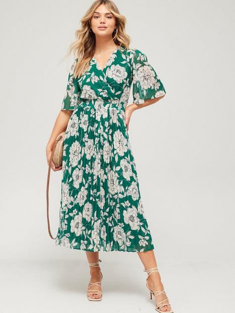 v-by-very-angel-sleeve-pleated-skirt-midi-dress-green-floral