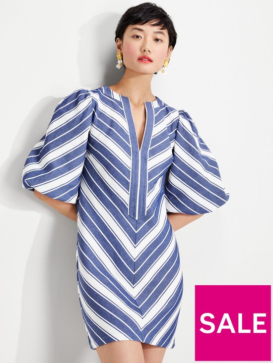 front image of kate-spade-new-york-stripe-double-cloth-dress-blue