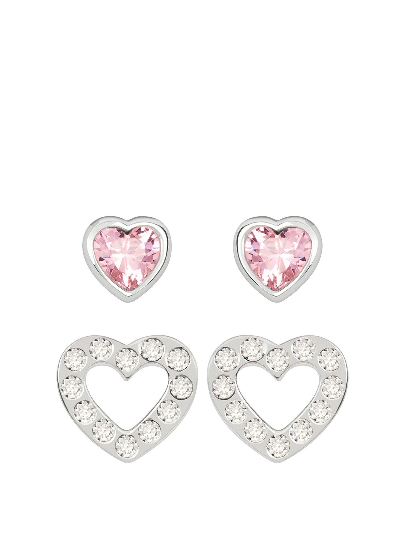 Women Ladies Sterling Silver Pink and Clear Glass Stone Heart Shaped Studs