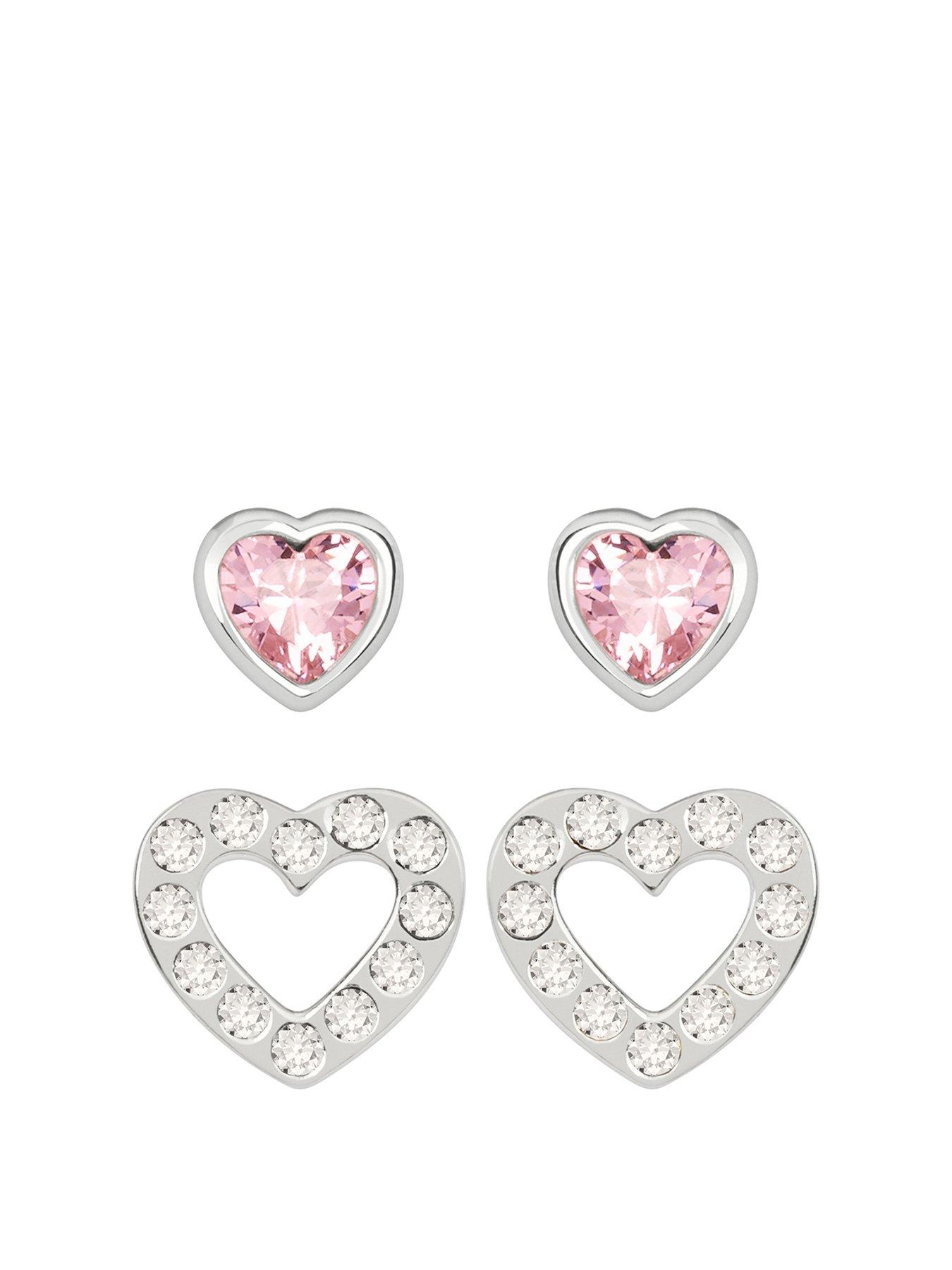 undefined Ladies Sterling Silver Pink and Clear Glass Stone Heart Shaped Studs