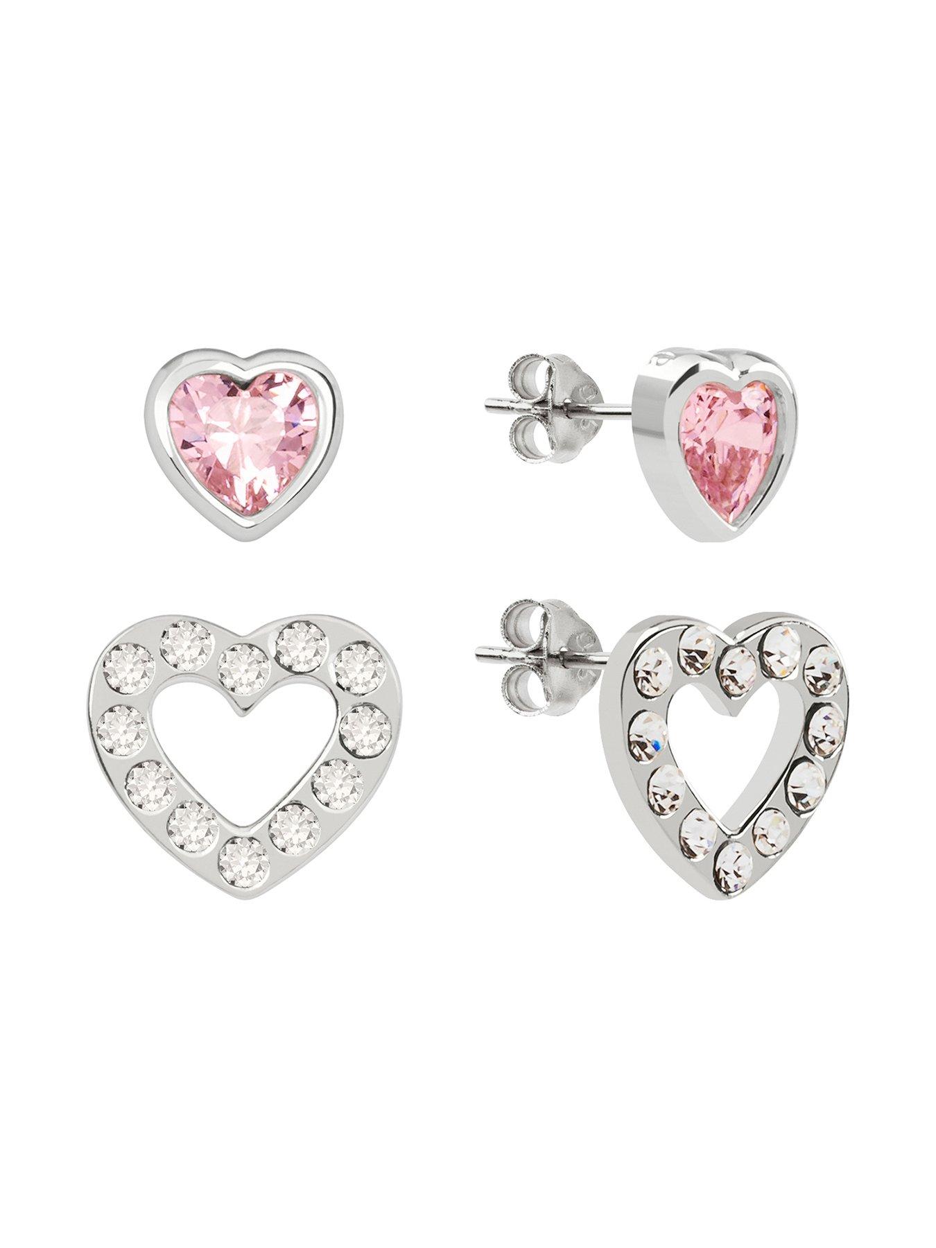Women Ladies Sterling Silver Pink and Clear Glass Stone Heart Shaped Studs