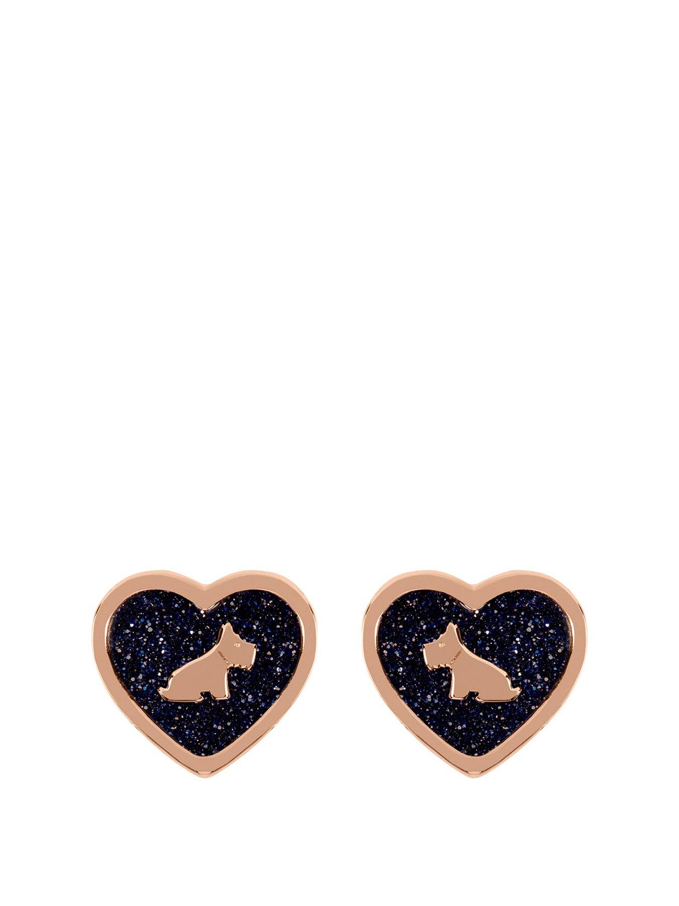  Ladies 18ct Rose Gold Plated Blue Heart Stud Earrings with Sitting Dog Design