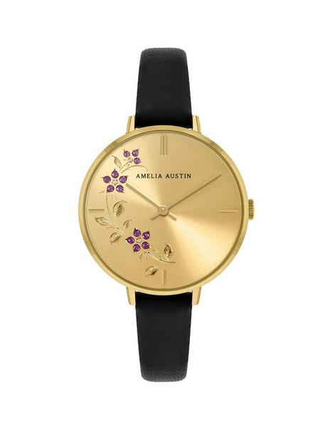 amelia-austin-floral-ladies-black-leather-strap-purple-stone-set-etched-dial-watch