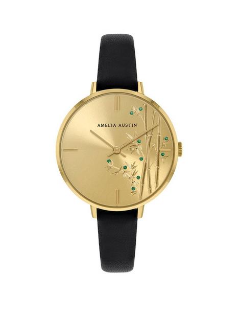 amelia-austin-bamboo-ladies-black-leather-strap-green-stone-set-etched-dial-watch