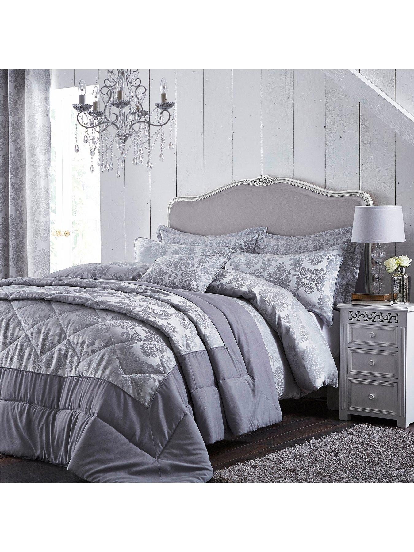 Product photograph of Catherine Lansfield Damask Jacquard Duvet Cover - Grey from very.co.uk