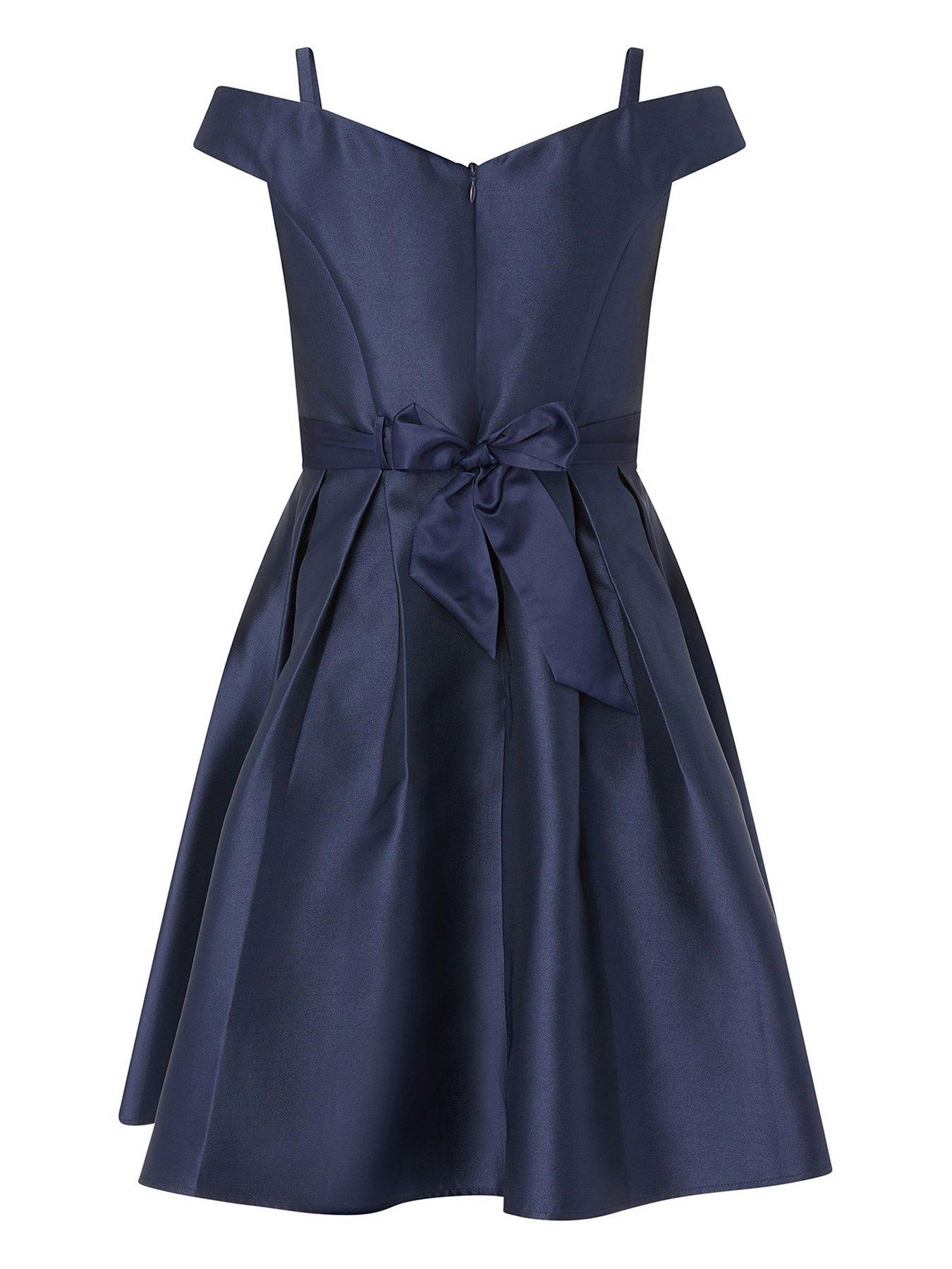 Monsoon Girls Duchess Twill Bardot Prom Dress - Navy | very.co.uk