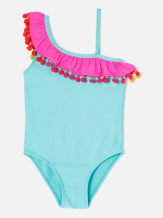 front image of accessorize-girls-pom-frill-swimsuit-aqua