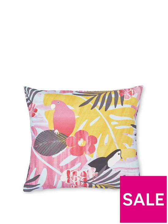 front image of catherine-lansfield-tropical-leaves-indoor-outdoor-cushion-hot-pink-45x45