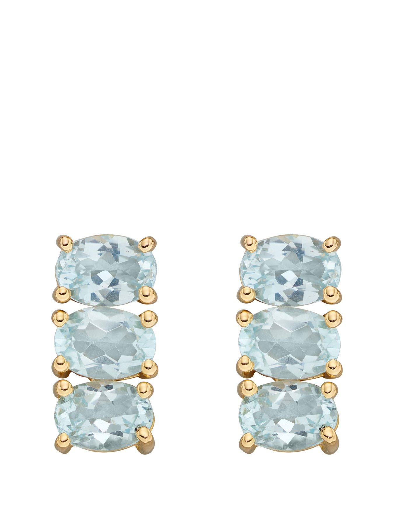  Gold Plated Sky Blue Topaz Square Cut Trilogy Stud Earrings