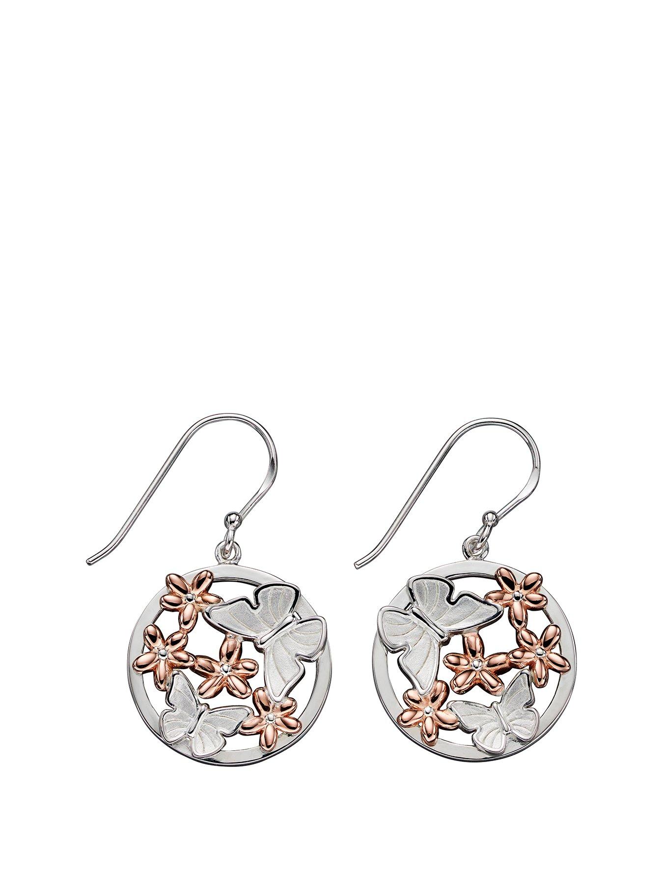  Silver butterfly and rose gold flowers domed profile drop earrings