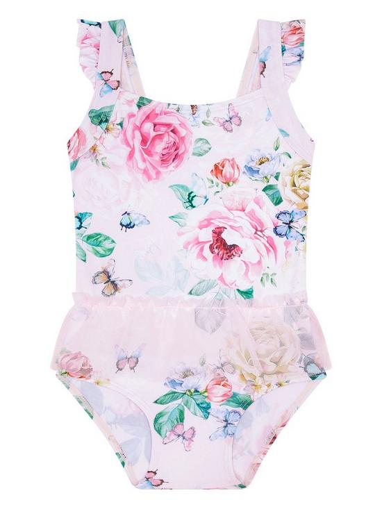 front image of monsoon-baby-girls-floral-print-mesh-skirt-swimsuit-set-pink