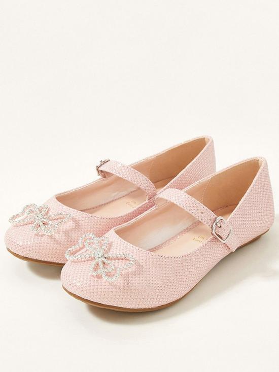 front image of monsoon-girls-shimmer-diamante-heart-ballerina-shoes-pink