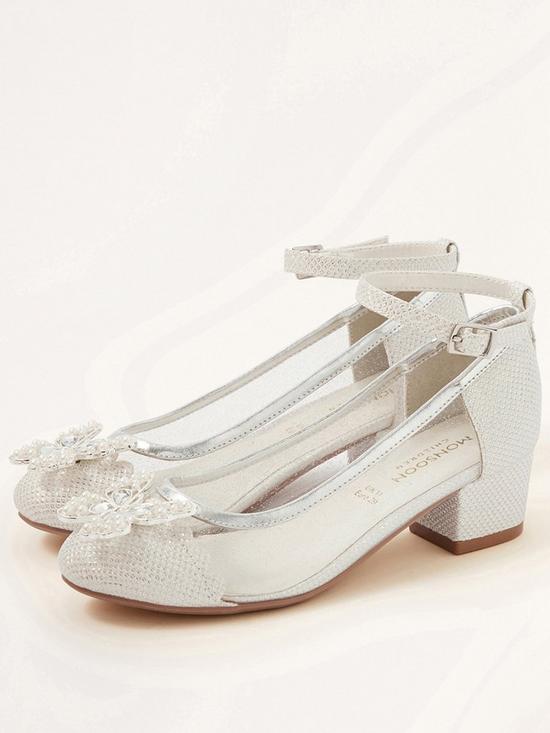 front image of monsoon-girls-butterfly-princess-heel-shoes-silver