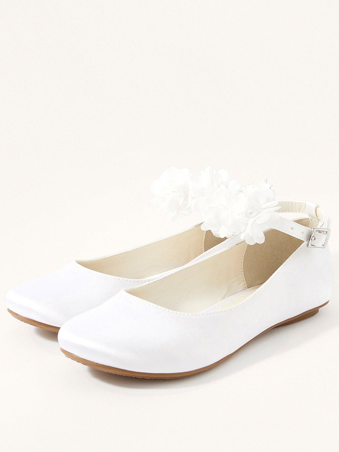 Girls White Soft PU Flower Girl and First Communion Ballerina Shoes with Flower Trims 