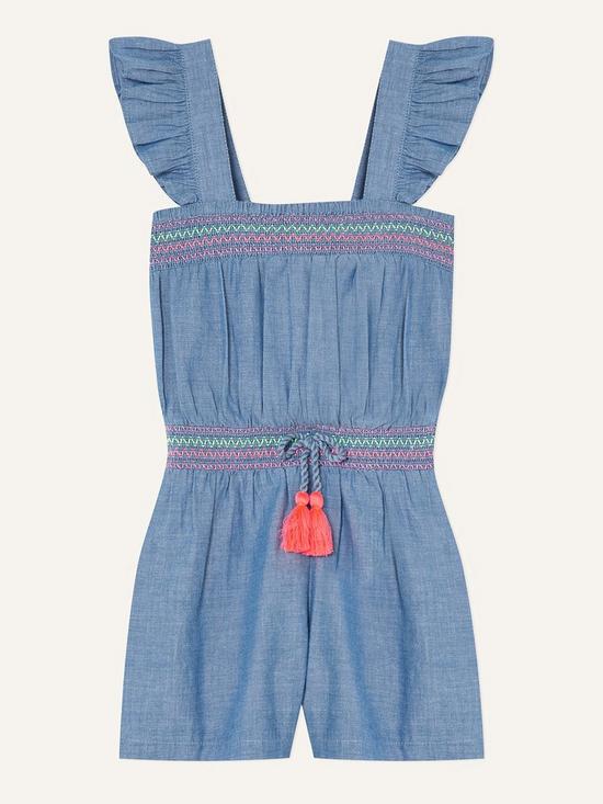 front image of monsoon-girls-sew-chambray-frill-shoulder-playsuit-blue