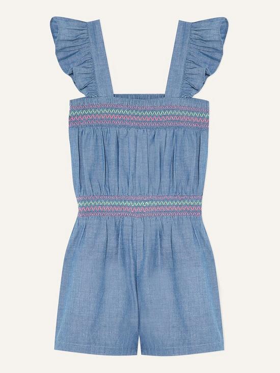 back image of monsoon-girls-sew-chambray-frill-shoulder-playsuit-blue