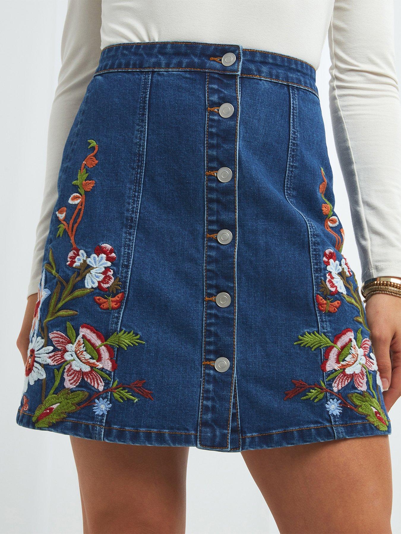Joe Browns Desert Florals Embroidered Repreve Denim Skirt | very.co.uk